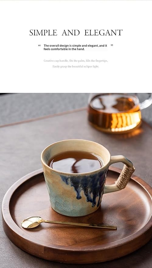 12oz retro Japanese pottery tea cup, handmade tea cup with comfy handle, retro ceramic mug with handle, lead-free reactive glaze, perfect for office & home (Beige + Blue)
