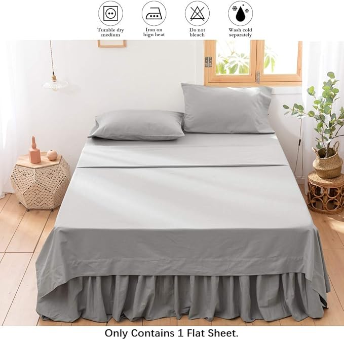 BISELINA Linen Sheet French Flax Flat Sheet Only 55% Euro Linen 45% Cotton Basic Style Solid Color Soft Breathable Farmhouse Top Sheet 1-Piece (Queen, Grey)