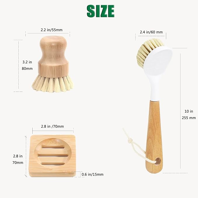 Bamboo Vegetable Brush 5-piece Set,Natural Bristle Dish Brush with Holder, Eco Friendly Soft Dish Scrubber Kitchen Brush for Dishes