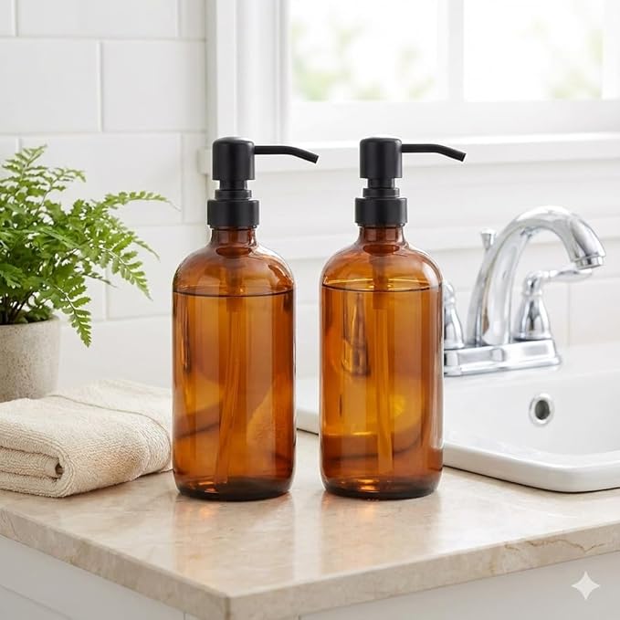 Amber Glass Jar Soap Dispenser with Matte Black Pump,16oz Round Bottle Dispenser with Stainless Steel Pump, Bathroom Soap Dispenser Set for Home Decor, Farmhouse & Kitchen Decor (Matte Black)
