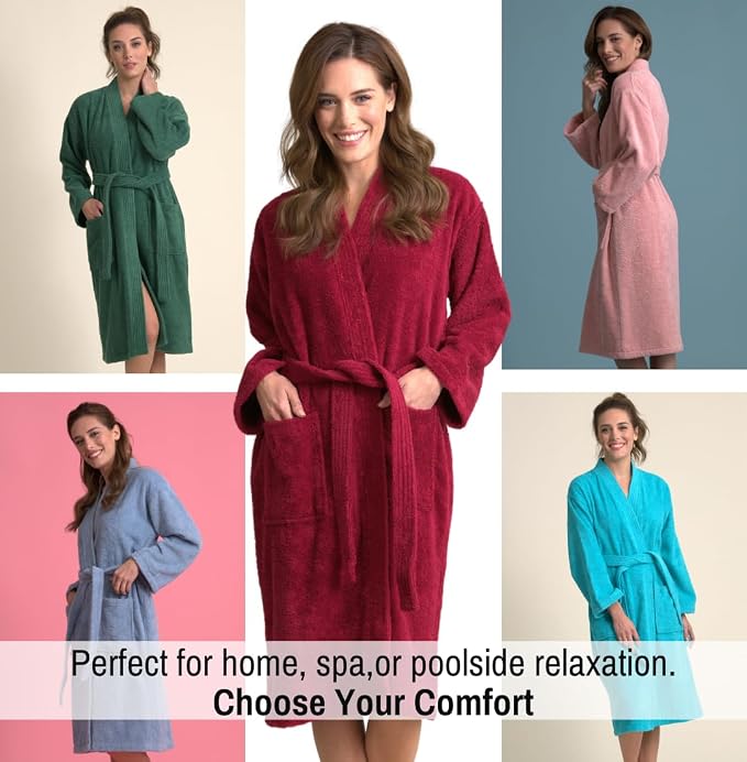 Women's Turkish Terry Kimono Style Bathrobe - 100% Cotton Robe for Women - Comfortable & Absorbent - Soft & Cozy Wear