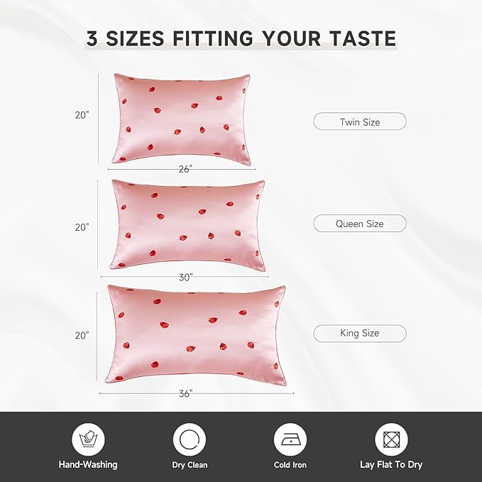 THXSILK Mulberry Silk Pillowcase for Hair and Skin, Grade 6A+ Organic Mulberry Silk Pillow Case with Hidden Zipper, King Size 20"x36" Silk Pillow Case, 1pc, Pink Strawberry