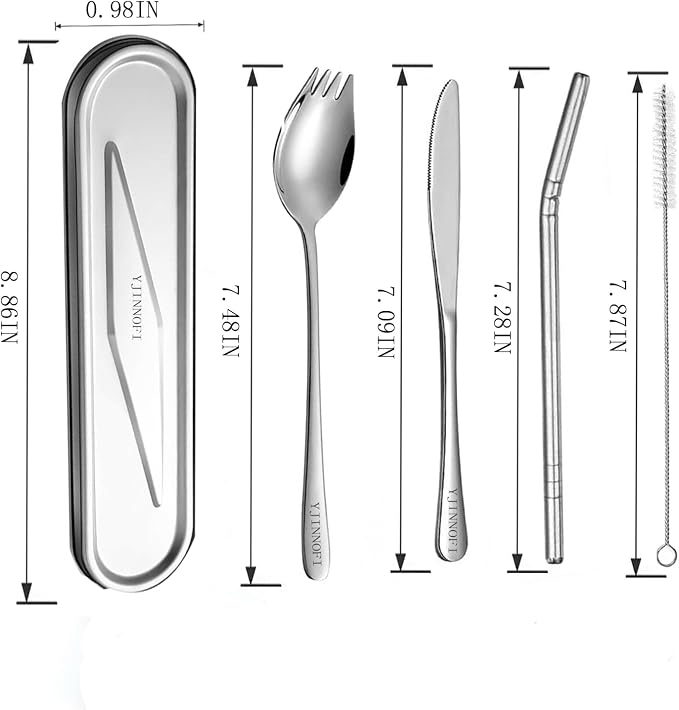 Travel Utensils Set with Steel Case, 6-Piece 18/8 Stainless Steel Spork and Reusable Straw Kit, Silent Locking Design, Portable Silverware for Camping, Office & Eco-Friendly Travel