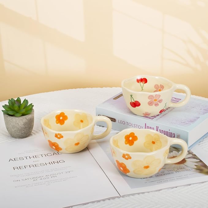 Koythin 2-Pieces Ceramic Coffee Mugs, Creative Cute Flower Cup for Office and Home, 8.5 oz/250 ml Aesthetic Mug for Latte Tea Milk (2 Pink Cherrys)