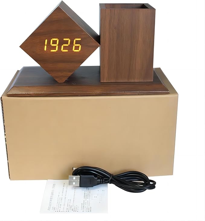 Multifunctional Digital Alarm Clock, LED Time Date Temperature Display 3 Level Brightness Adjustment Sound Activated with Pencil Pen Holder Desk Organizers
