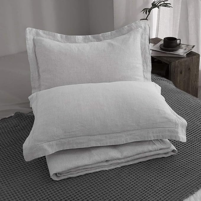 Simple&Opulence 100% Linen Duvet Cover Set with Embroidery Border Washed - 3 Pieces (1 Duvet Cover with 2 Pillow Shams) with Button Closure Soft Breathable Farmhouse - Light Grey, Full Size