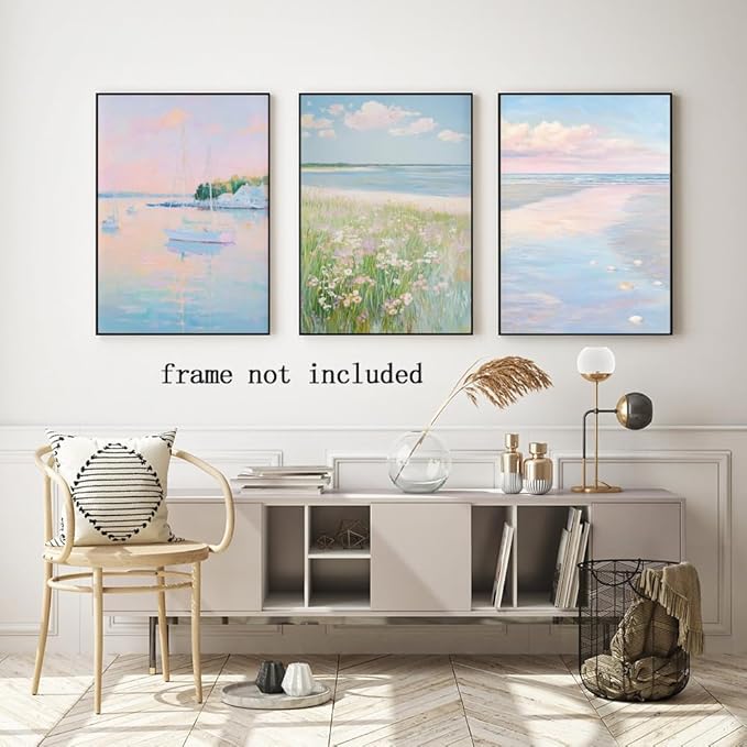 Coastal Pink Wall Art Set of 3 Maximalist Ocean & Beach Landscape Canvas Poster Trendy Sailboats Flowers Sunset Painting Pastel Picture Prints for Bedroom Home Decor 24x36inch Aluminum Framed