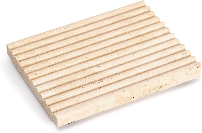 Natural Travertine Soap Dish, Rectangular 4.7"x3.5" Beige Marble Bar Soap Holder for Shower, Bathroom Soap Saver with Self Draining Grooves, Modern Rustic Stone Soap Tray, Sponge Holder, Keep Bars Dry