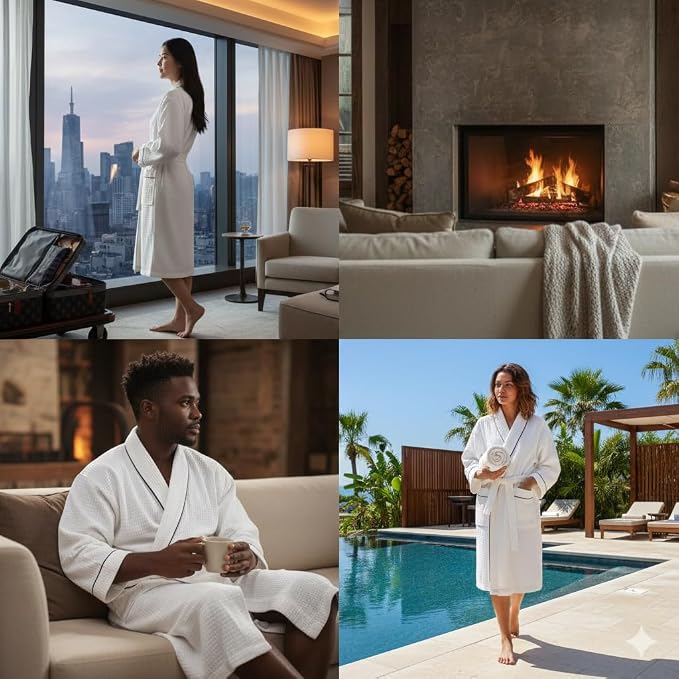 Waffle Knit Bath Robe 100% cotton with Black Piping, White Elegant for Spa and hotel light weight one size fits most