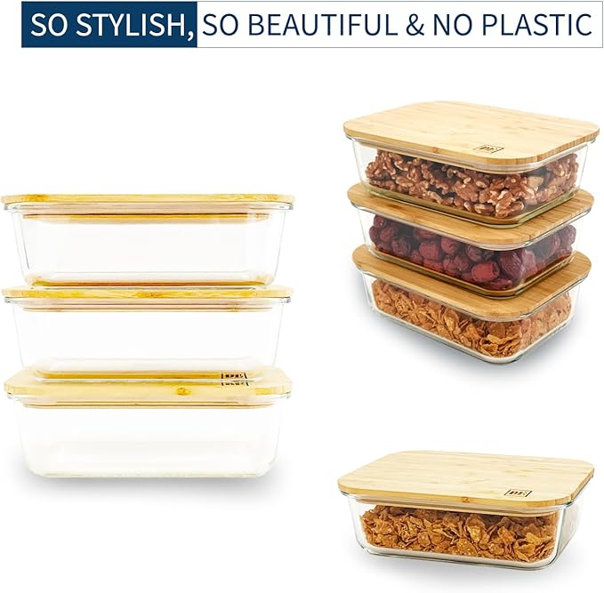 DE Plastic-Free Glass Storage Containers (3-Pack, 51oz) with Bamboo Lids ā Eco-Friendly, Airtight, Reusable ā Oven, Microwave & Dishwasher Safe ā BPA-Free & Sustainable.