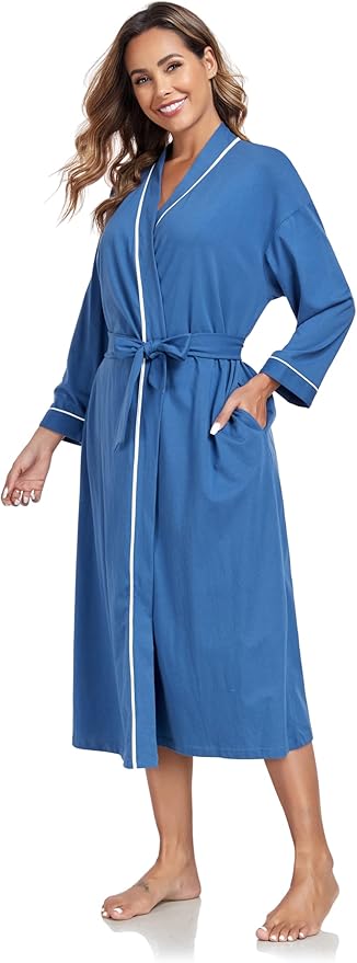 COLORFULLEAF 100% Cotton Women's Robes Summer Lightweight Kimono Soft Long Cotton Bathrobe for Women with Pockets
