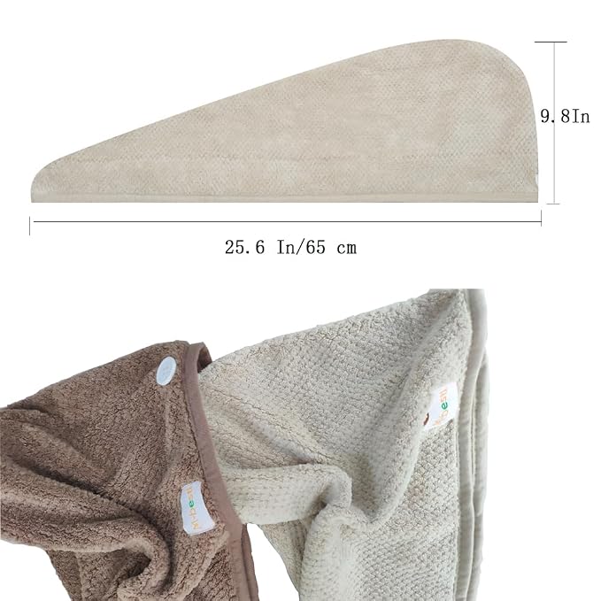 M-bestl 2 Pack Hair Drying Towels,Hair Wrap Towels,Absorbent Microfiber Hair Towel Turban with Button Design to Dry Hair More Quicker(Coffee&Khaki)