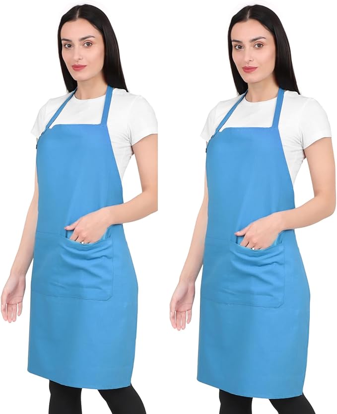 2 Pack Kitchen Apron Waterdrop Resistant Cotton Apron with adjustable Aprons for Women with Pockets 9 Color option Cooking Apron Light Blue (Light Blue)