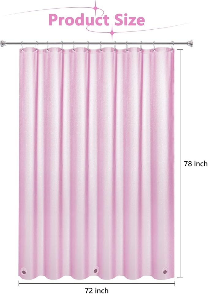 Seenus Dreamy Pink Glitter PEVA Shower Curtain Extra Long 78 Length, Waterproof Plastic Sparkle Shower Curtain Liner with 3 Large Magnets, 72x78 Inch Shimmery Rose Pink Bathroom Shower Curtain