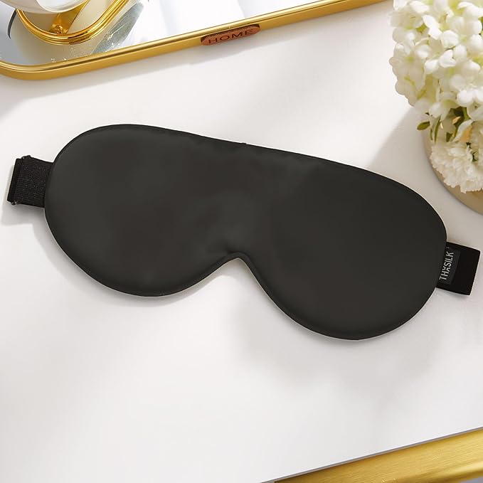 THXSILK 100% Pure 19 Momme Mulberry Silk Sleep Eye Mask Super Smooth Cooling Blackout for Women/Man/Kids Eye Cover with Wide Head Strap Good Night Sleep Comfortable Travel and Nap, Black