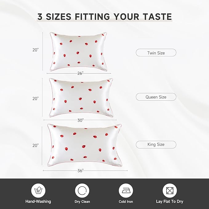 THXSILK Natural Mulberry Silk Pillowcase for Hair and Skin with Hidden Zipper, Grade 6A+ Silk Pillow Case, Organic Silk Pillowcase Standard Size 20x26 inches, 1PC, White Strawberry