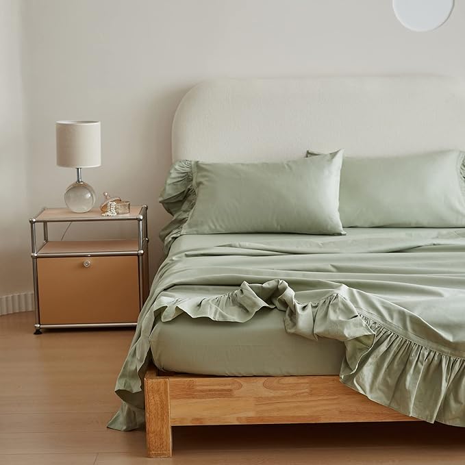 Simple&Opulence 100% Organic Cotton Sheet Set, Long Ruffle Bed Sheets (1 Flat Sheet, 1 Fitted Sheet and 2 Pillowcases) Elegant Shabby Chic Bedding Farmhouse Charming Vintage - Sage Green, Full