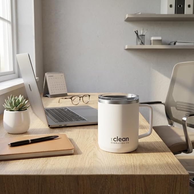 Coffee Mug Travel Mug Insulated 12 Oz | Ceramic Lined Travel Cup with Lid | Reusable Office Mug Double Wall Vacuum Eco-Friendly BPA-Free (Aqua) (White)