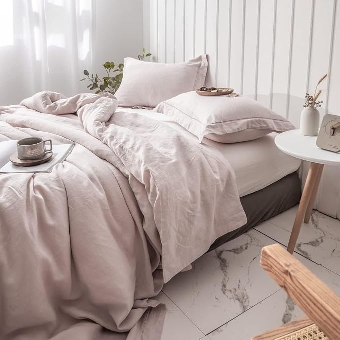Simple&Opulence 100% Washed Linen Duvet Cover with Embroidered, 3 Pieces Soft Farmhouse Comforter Set with Button Closure,1 Duvet Cover and 2 Pillowshams (Queen,Dusty Pink)