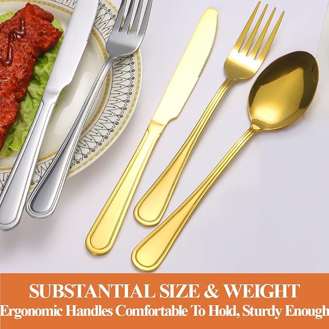 20 Pcs Gold Silverware Set for 4, Food Grade Stainless Steel Flatware Set, Eating Utensils Sets Include Fork/Knife/Spoon, Reusable Cutlery Set for Home Kitchen, Dishwasher Safe, Double-stripe