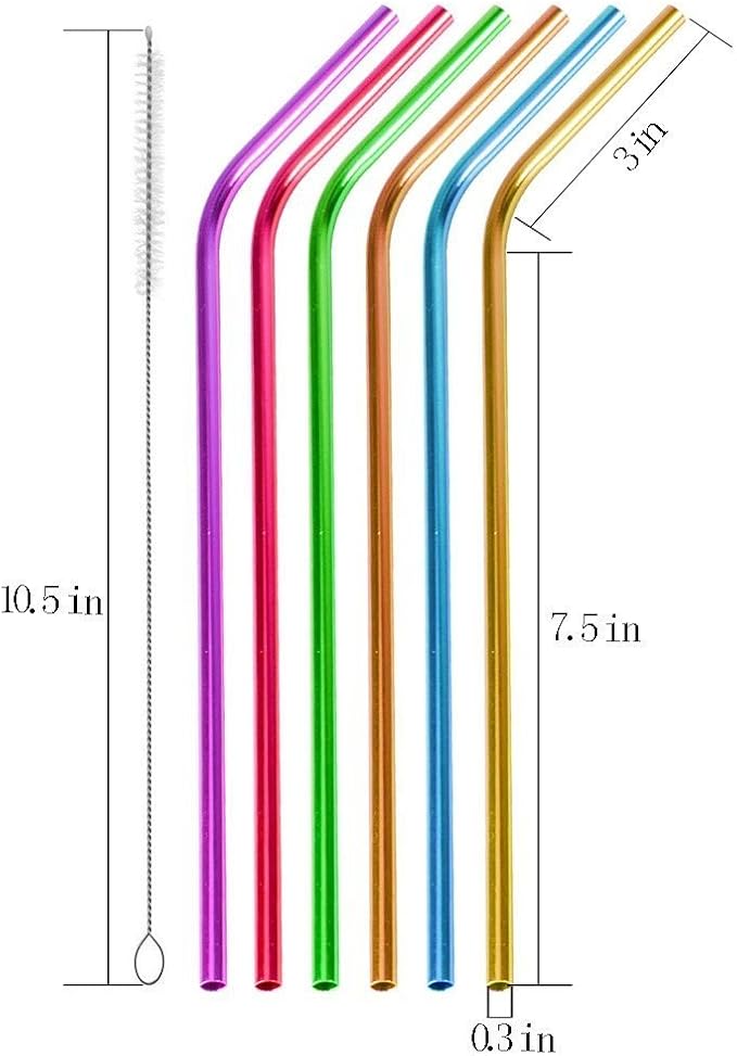 6Pcs 10.5"Drinking Straws, Stainless Steel Straws,, Reusable Metal Straws, Rainbow Colorful Straws for 20 30oz Stainless Tumblers Rumblers Cold Beverage, Free Cleaning Brush Included, Bent