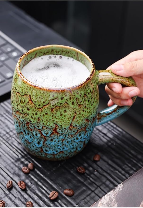 21oz Large Handmade ceramic Mug, Big Ceramic Tea Cup, Durable and Heavy Microwave and Dishwasher Safe Pottery Coffee Mug with Handle, Reactive Glaze Stoneware Clay coffee mug (Blue and Green)