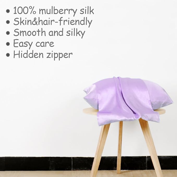 uxcell 1 Pack 100% Charmeuse Pure Silk Pillowcase for Hair and Skin, 350TC 19 Momme Soft Breathable Pillow Case with Hidden Zipper, Light Purple Silk Pillowcase Travel (14x20inch)