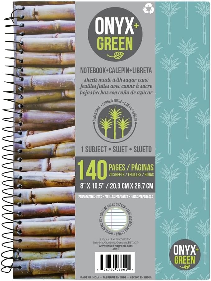 Onyx and Green 1-Subject Notebook, 70 Sheets College Ruled Perforated made from Sugar Cane Fibers (6901), 8" W x 10.5" L