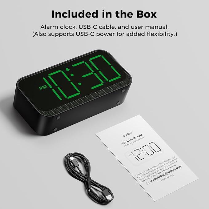 Acedeck Battery Operated Digital Clock: Cordless Small Alarm Clock for Bedroom Travel - Large Numbers 4 Dimmers for All Ages Green Digits