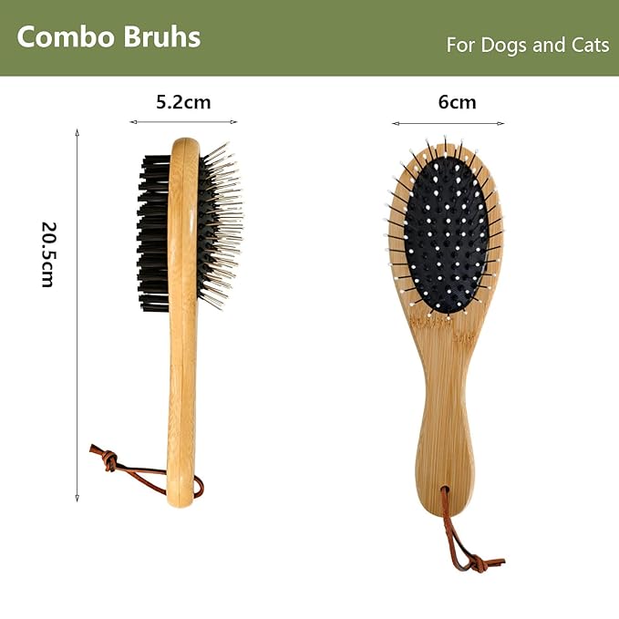 Double Sided Pet Slicker Brush with Bamboo Handle for Dogs and Cats, Grooming Comb for Shedding, Tangles, and Dead Undercoat