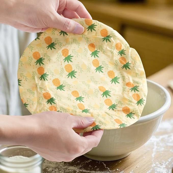 4-Pack Reusable Beeswax Bowl Covers with Fruit Pattern, 6/8/10/12 Inch Elastic Cotton Food Storage Covers for Bread Proofing, Sourdough Dough, Kitchen Containers & Food Storage
