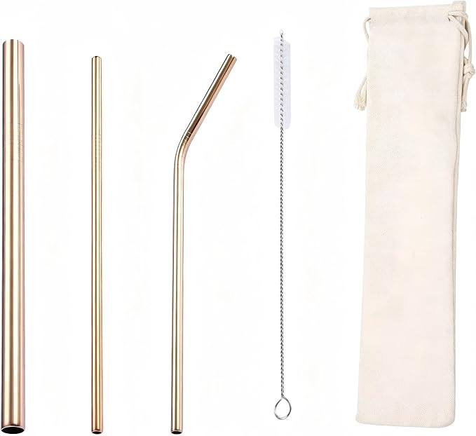 Food Grade 304 Stainless Steel Straw Set, Titanium Plated Colorful Reusable Metal Straws with Cleaning Brush for Coffee, Tea & Beverages (rose gold)