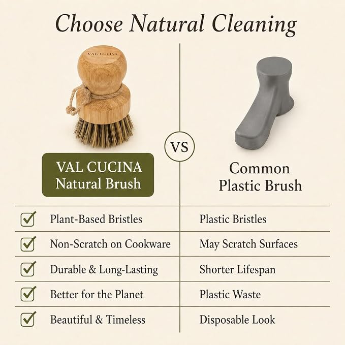 VAL CUCINA Natural Bamboo Dish Brush 2 PCS - Eco-Friendly Wooden Scrub Brush for Dishes, Pots, Pans and Cast Iron Skillet - Plant-Based Sisal & Coconut Bristles Kitchen Sink Scrubber