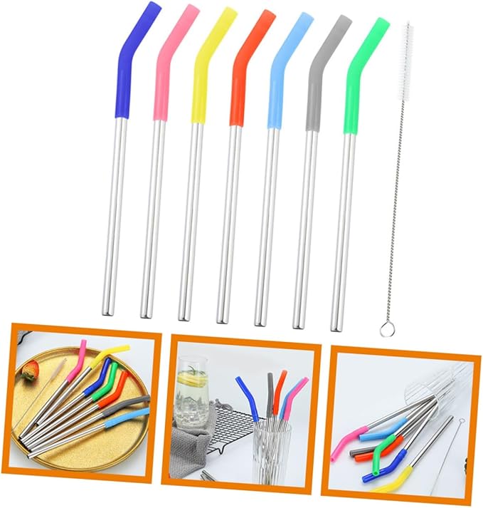 Garneck Reusable Stainless Steel Straws Set with Silicone Sleeves Cleaning Brush Mixed Colors Drinking Straws for Home Office Travel and Outdoor Use