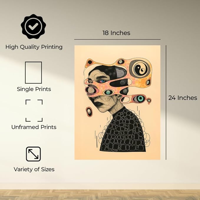 InkFlow Posters Surreal Abstract Portrait Poster - Creative Line Art with Bold Eyes and Geometric Patterns - Modern Graphic Print for Living Room, Bedroom, Office - 18x24 Unframed Canvas Print