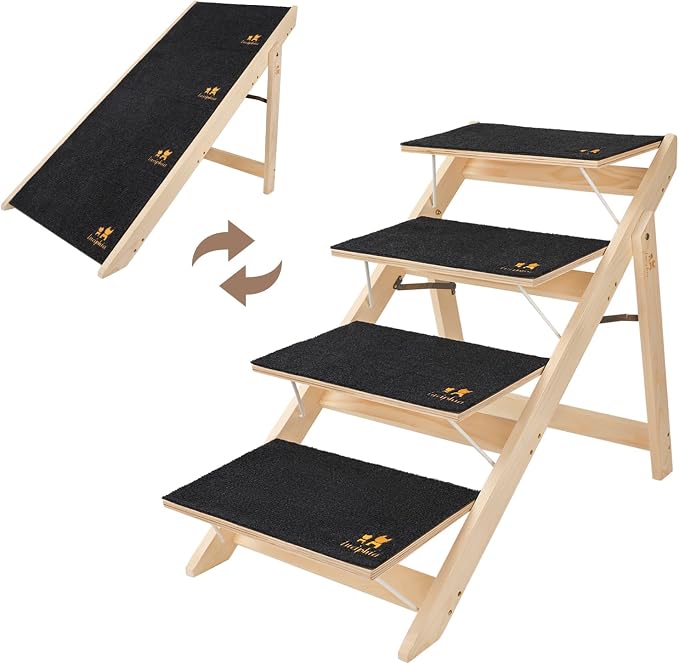 Luciphia Wooden 2-in-1 Dog Stairs, 4-Step Foldable Anti-Slip Pet Steps