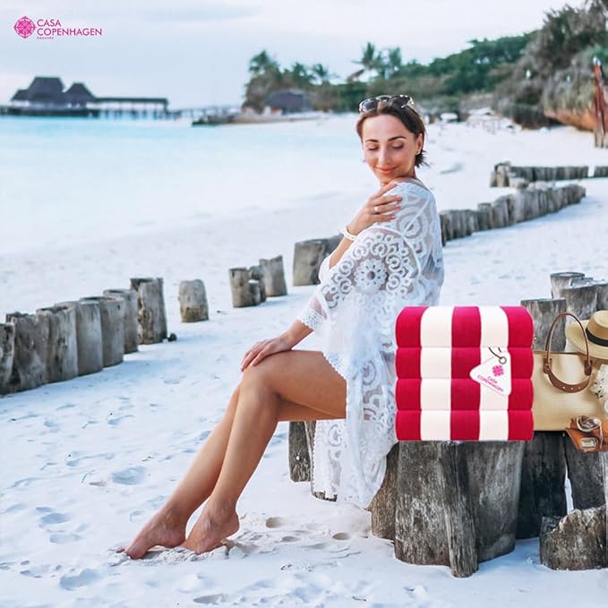 CASA COPENHAGEN Cabana Towel 4Pcs Rosy Designer Stripe Beach Towels Gift Set, 30"x60" Oversized 100% Cotton Pool Bath Towel for Beach Gift Set (Perfect Summer Gift Set for Women & Men)