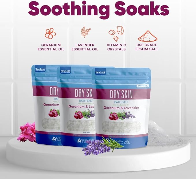 Dry Skin Bath Salt (3 Pack) Skin Soothing Epsom Salt with Pure Essential Oils in BPA Free Pouch with Press Lock Seal Made in USA Three 2 Lbs Pouches 6 Lbs Total