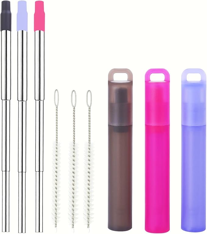Reusable Metal Straws Travel 3 Pack Collapsible Straw with Case and Cleaning Brush Retractable Portable Pocket Straws