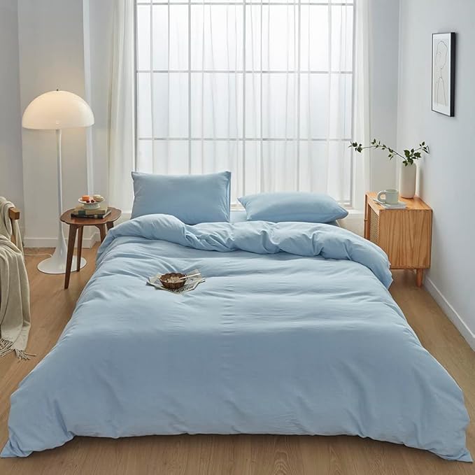FACE TWO FACE Bedding Duvet Cover Set100% Washed Cotton Duvet Cover Linen Like Textured Breathable Durable Soft Comfy (California King,Light Cyan)