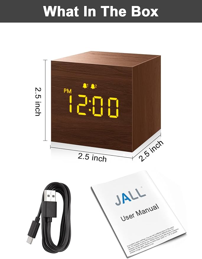 Digital Alarm Clock, with Wooden Electronic LED Time Display, 3 Alarm, 2.5-inch Cubic Small Mini Wood Made Electric Clocks for Bedroom, Bedside, Desk, Brown