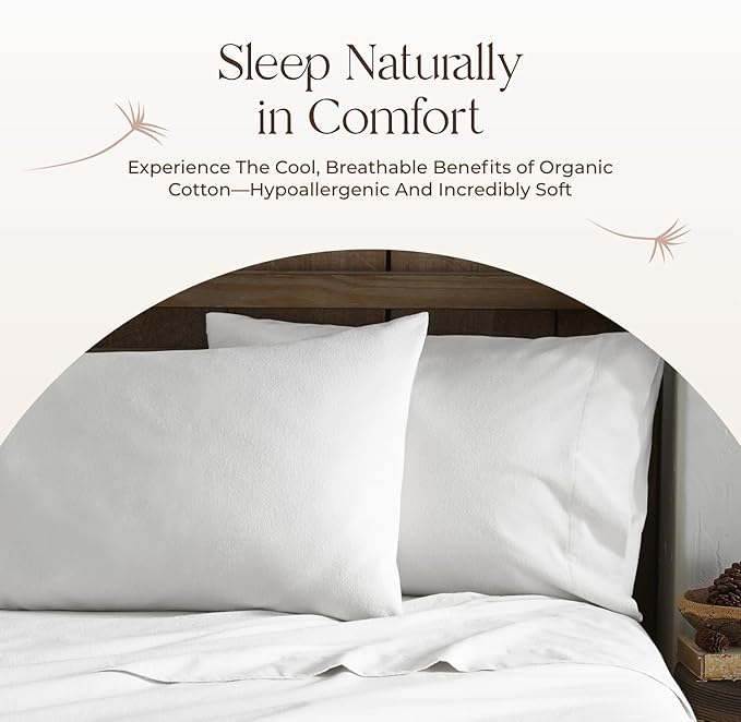 100% Organic Flannel Sheets Queen Size - GOTS Certified 100% Cotton Flannel Sheets Set with Comfortable Soft Brushed Finish & Deep Pocket - 1 Flat 1 Fitted & 2 Pillowcases (White, Queen)