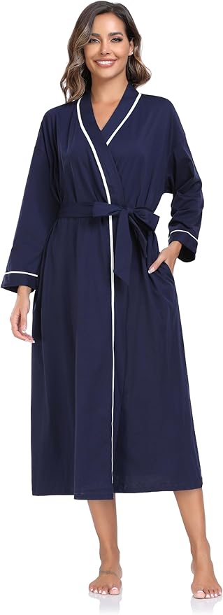 COLORFULLEAF 100% Cotton Women's Robes Summer Lightweight Kimono Soft Long Cotton Bathrobe for Women with Pockets