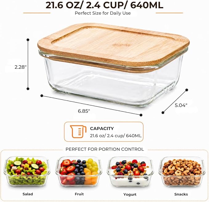 Kitchen Details Glass Food Storage Containers with Bamboo Lids, 2 Pack, 21.6 oz / 640 mL Containers