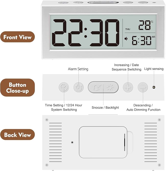 ALANAS Battery Operated Alarm Clock, Portable Digital Clock with Large Display, Snooze, Temperature & Date, Auto-Dim Night Light for Easy Reading, Ideal for Seniors, Kids, Bedroom, Travel, Nightstand