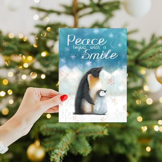 Tree-Free Greetings - Season's Greetings Greeting Cards - Artful Designs - 12 Cards + Matching Envelopes - Made in USA - 100% Recycled Paper - 5"x7" - Peaceful Penguins (HP60644)