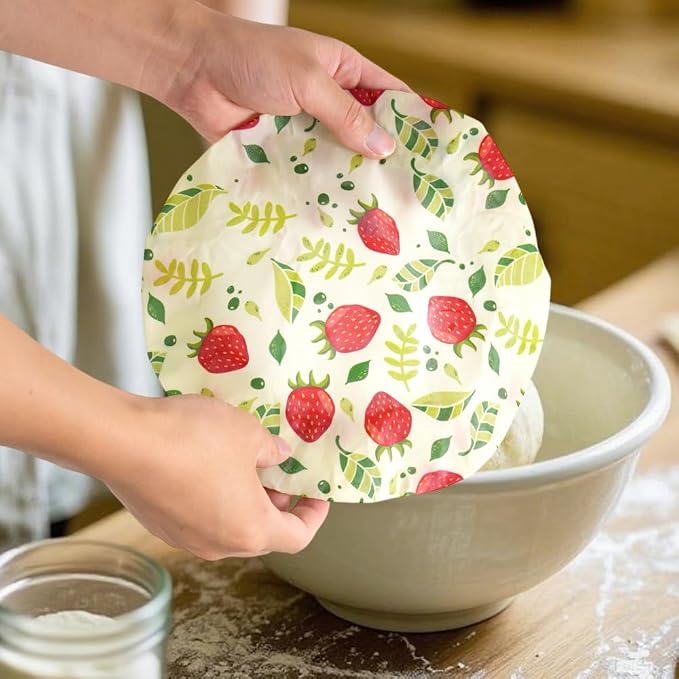 4-Pack Reusable Cotton Bowl Covers with Fruit Pattern, 6/8/10/12 Inch Elastic Food Storage Covers for Bread Proofing, Sourdough Dough, Kitchen Containers & Food Storage