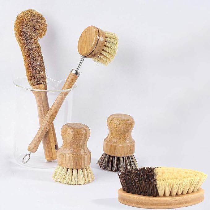 5 Pack Bamboo Dish Brush Set with Flannel Bag, Natural Sisal Bristle Kitchen Scrub Brush, Long Handle Bottle Brush and Dish Scrubber for Cleaning Pots Pans Cast Iron Vegetables Sink