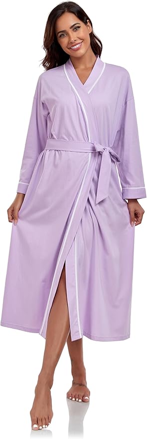 COLORFULLEAF 100% Cotton Women's Robes Summer Lightweight Kimono Soft Long Cotton Bathrobe for Women with Pockets