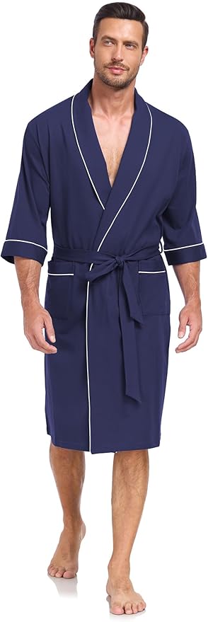 COLORFULLEAF 100% Cotton Men’s Summer Bathrobe Lightweight & Breathable Short Sleeve Kimono Robe with Pockets